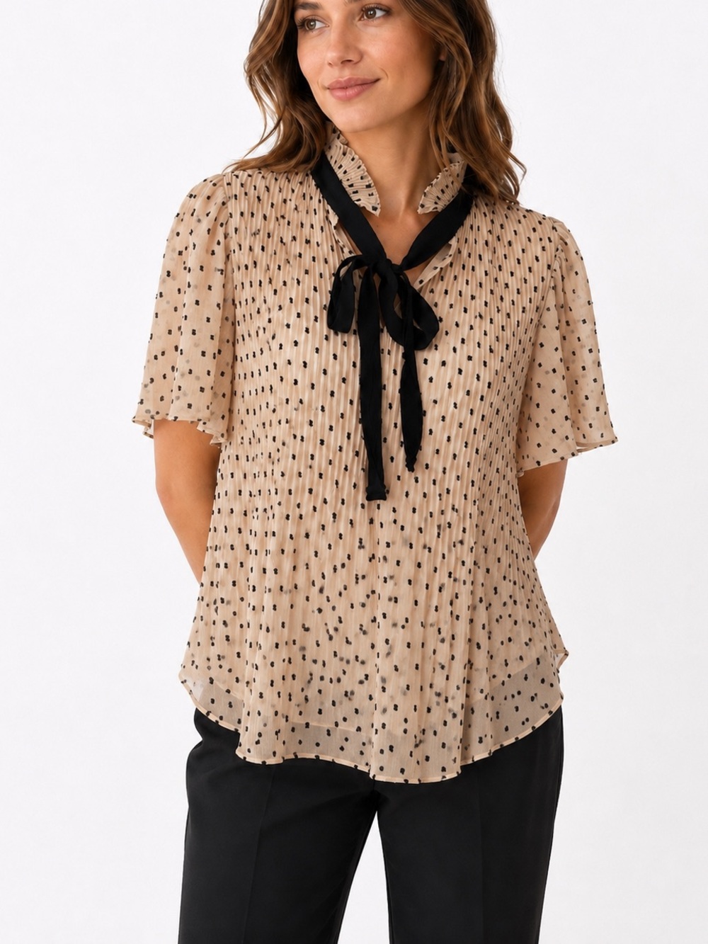 Max Studio Beige Polka Dot Tie-Neck Blouse with Black Accents